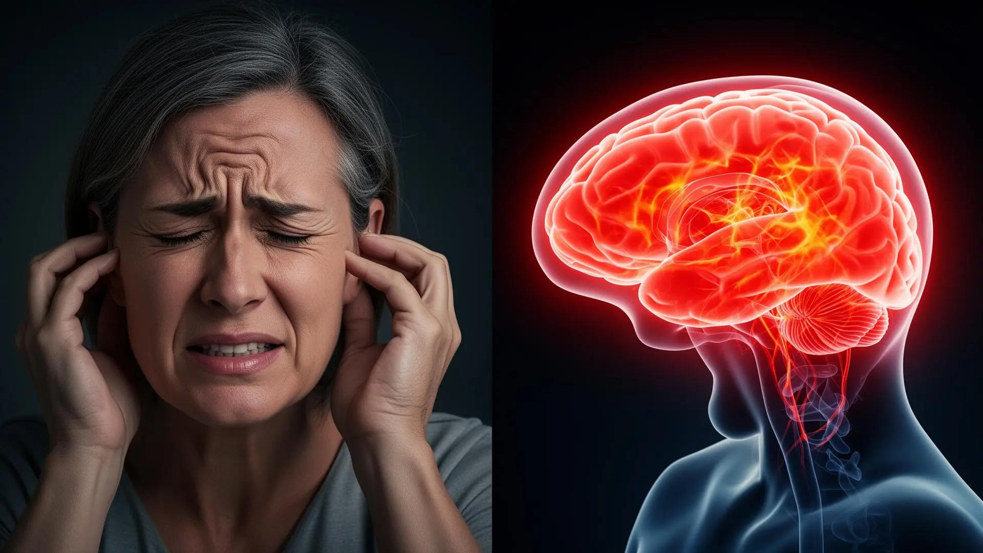 Woman experiencing tinnitus pain with inflamed brain illustration
